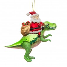 Santa on his T-rex Glass Bauble